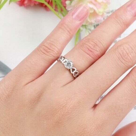 😍Lovely Anillos Hollow Heart Round Cut Moissanite Eternity Ring for Women, K770 - Picture 9 of 10